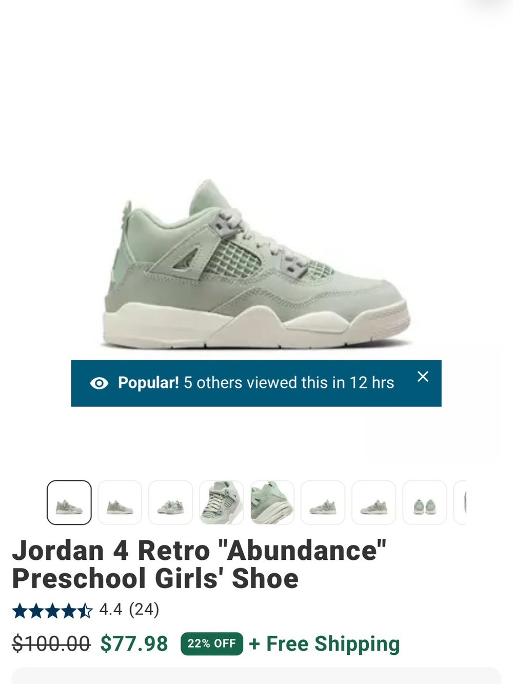Jordan Kids' 4 Retro "Abundance" shoe in Light Mint - size 1 youth